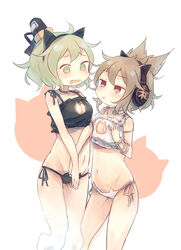  2girls alternate_costume ashiyu_(ashu-ashu) blush breast_envy breasts brown_hair cat_cutout cat_hair_ornament cat_lingerie cleavage cleavage_cutout clothing_cutout earmuffs ghost_tail green_eyes green_hair hair_between_eyes hair_ornament hand_on_own_chest hat highres large_breasts lingerie meme_attire multiple_girls navel oerba_yun_fang open_mouth pointy_hair pout short_hair simple_background soga_no_tojiko tate_eboshi touhou toyosatomimi_no_miko underwear white_background 