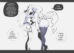  2021 anthro anthrofied ass bent_over big_breasts big_butt bottomwear breasts business_suit clothed clothing duo english_text female footwear generation_5_pokemon high_heeled_feet high_heels hilbert_(pokemon) human larger_anthro larger_female legendary_pokemon legwear male mammal mature_anthro mature_female membrane_(anatomy) membranous_wings monochrome nintendo pantyhose platform_footwear platform_heels pokemon pokemon_(species) reshimom_(thiccwithaq) reshiram shoes simple_background size_difference skirt smaller_human smaller_male speech_bubble suit text thiccwithaq white_background winged_arms wings 