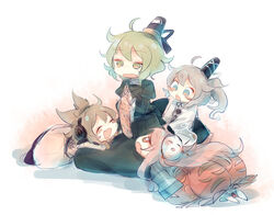  4girls ashiyu_(ashu-ashu) blue_eyes blush brown_hair closed_eyes dress earmuffs ghost_tail green_dress green_eyes green_hair grey_hair hair_between_eyes hat hata_no_kokoro japanese_clothes kariginu knitting long_sleeves mask mononobe_no_futo multiple_girls oerba_yun_fang open_mouth pink_eyes pink_hair pointy_ears ponytail short_hair simple_background soga_no_tojiko sweatdrop tate_eboshi touhou toyosatomimi_no_miko white_background 