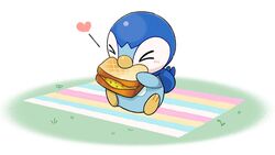  &gt;_&lt; blush closed_eyes commentary_request eating food grass heart holding no_humans official_art piplup pokemon pokemon_(creature) project_pochama sandwich sitting solo white_background 