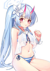  absurdres bikini blue_archive blue_hair breasts chise_(blue_archive) chise_(swimsuit)_(blue_archive) cowboy_shot female flower hair_flower hair_ornament halo highres horns iznal looking_at_viewer oni_horns red_eyes red_horns sailor_collar see-through see-through_shirt shirt side-tie_bikini_bottom side_ponytail simple_background small_breasts solo striped_bikini striped_clothes swimsuit white_background white_sailor_collar white_shirt wristband 