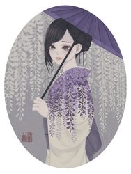  black_hair border braid braided_bun brown_eyes commentary_request female floral_print flower hair_bun highres holding holding_umbrella japanese_clothes kimono long_bangs long_sleeves looking_at_viewer looking_to_the_side obi obijime oil-paper_umbrella original oval oval_background parted_lips print_kimono purple_flower purple_sash purple_umbrella round_image sash seal_impression short_hair solo standing swept_bangs umbrella upper_body ushiyama_ame white_border white_kimono wide_sleeves wisteria wisteria_print 