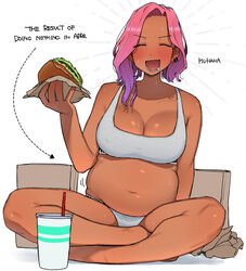  big_belly blush bra breasts burger cleavage cup dark-skinned_female dark_skin disposable_cup earrings english_text fat female food jewelry looking_at_viewer ohasi open_mouth original panties pink_(ohasi) pink_hair plump short_hair simple_background solo sweat underwear white_background 