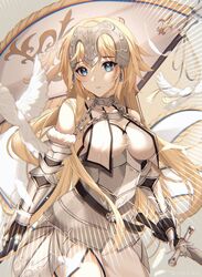  ahoge armor armored_dress artist_name bad_id bad_twitter_id banner battle_standard blue_eyes braid breast_curtains breasts chains cuirass fate/apocrypha fate/grand_order fate_(series) female flag gauntlets headpiece highres holding holding_flag holding_sword holding_weapon jeanne_d&#039;arc_(fate) jeanne_d&#039;arc_(third_ascension)_(fate) kiyochii long_braid long_hair looking_at_viewer medium_breasts open_mouth side_slit single_braid solo sword war_flag watermark weapon 