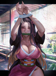  alternate_breast_size arms_up artist_name bamboo bit_gag black_hair bound bound_wrists breasts brown_hair cherry_blossoms chinese_commentary cleavage collarbone commentary cowboy_shot demon_girl demon_horns eyelashes female fingernails forehead gag gagged hair_ribbon haori horns japanese_clothes kamado_nezuko kimetsu_no_yaiba kimono large_breasts long_hair multicolored_hair obi oni pink_eyes pink_kimono pink_ribbon ribbon rope sash shadow sharp_fingernails short_sleeves single_horn solo streaked_hair sunlight thighs tree two-tone_hair weibo_watermark xixi_(xixihenlan_ing) 