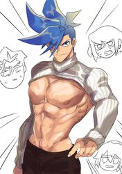  1boy abs aina_ardebit bare_pectorals blue_eyes blue_hair brown_pants chibi chibi_inset cowboy_shot galo_thymos highres kray_foresight large_pectorals lio_fotia looking_at_viewer looking_away male_focus meme meme_attire muscular muscular_male navel nipples nonono_nagata pants pectorals promare revealing_clothes short_hair shrug_(clothing) smile solo_focus spiked_hair sweatdrop sweater white_sweater 