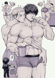  2boys abs absurdres animal_ears ass bara beard biceps chibi clothes_lift coffee_mug collared_shirt couple cup facial_hair greyscale highres hug huge_ass large_pectorals male_focus male_underwear manly mature_male monochrome mug multiple_boys muscular muscular_male original pants pectorals ponytail rabbit_ears rabbit_tail shirt shirt_lift short_hair simple_background sleepy spiked_hair suit t-shirt tail thick_arms thick_thighs thighs tight_clothes toothbrush underwear white_background yaoi yomotsuki_road 