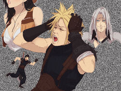  3boys armor black_hair blonde_hair blue_eyes breasts brown_gloves buster_sword cleavage cloud_strife cowgirl_(western) death_grips female final_fantasy final_fantasy_vii final_fantasy_vii_remake gloves hanpetos large_breasts laughing lips long_hair meme multiple_boys parted_lips pauldrons screaming sephiroth short_hair shoulder_armor simple_background single_pauldron tifa_lockhart tifa_lockhart_(cowgirl) white_hair zack_fair 