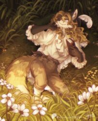  anthro blonde_hair blue_eyes book canid canine chemise classy clothing curled_hair edgar_vladilisitsa flower fox hair hi_res long_hair male mammal plant plumage resting solo tatujapa vhs_filter victorian yellow_body 