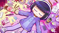  alarm_clock bandaid black_hair blood blunt_bangs blunt_ends blush book bottle bottle_cap boxcutter cable can censored chopsticks clock closed_eyes closed_mouth colored_lineart cracked_screen cross cup_ramen daisy drugs female flower food game_console headphones hood hooded_jacket indie_virtual_youtuber jacket kyuusai-chan long_sleeves lying mosaic_censoring noodles noose on_back on_floor open_clothes open_jacket outstretched_arms paper pen pepoyo phone pill pink_blood purple_jacket purple_sweater purple_thighhighs shoelaces short_hair smile solo sweater thighhighs virtual_youtuber white_footwear white_headphones 