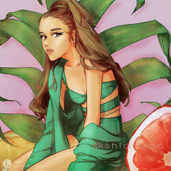  animification ariana_grande bra breasts brown_eyes brown_hair cleavage collarbone female green_bra green_jacket green_shorts high-waist_shorts jacket jacket_on_shoulders leaning_forward lily_(shio1006) lofter_logo lofter_username long_hair parted_lips plant real_life shadow shorts small_breasts solo twitter_username underwear 