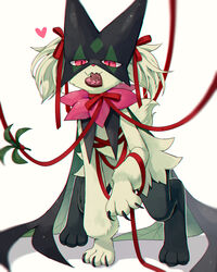  blush candy chocolate claws closed_mouth commentary_request food food_in_mouth furry hair_ribbon heart heart-shaped_chocolate highres kaminokefusa looking_at_viewer meowscarada mouth_hold no_humans pokemon pokemon_(creature) red_eyes red_ribbon ribbon simple_background smile solo standing white_background 