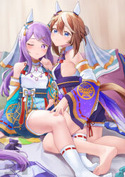  2girls absurdres animal_ears bare_shoulders barefoot blue_eyes blue_shorts blush bow breasts brown_hair closed_mouth commentary_request cosplay detached_sleeves dress ear_covers ear_ornament feet hair_between_eyes highres horse_ears horse_girl jewelry jtleeklm long_sleeves looking_at_viewer mejiro_mcqueen_(umamusume) multicolored_hair multiple_girls necklace obi official_alternate_costume official_alternate_hairstyle one_eye_closed parted_lips purple_eyes purple_hair purple_shorts ribbon-trimmed_socks sash shorts small_breasts smile soles streaked_hair thighs tokai_teio_(dream_butterfly_of_purple_clouds)_(umamusume) tokai_teio_(umamusume) tokai_teio_(umamusume)_(cosplay) umamusume unworn_clothes veil white_dress white_hair 