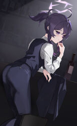  absurdres ahoge ass black_pants black_vest blue_archive bottle closed_mouth feet_out_of_frame female fingernails gong_cha halo haruka_(blue_archive) haruka_(suit)_(blue_archive) highres long_sleeves medium_hair official_alternate_costume pants purple_eyes purple_hair purple_halo shirt solo vest white_shirt 