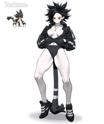  absurdres black_hair breasts cleavage colored_sclera colored_skin earrings female gorirat highres hoop_earrings jewelry legs looking_at_viewer navel open_clothes pal_(creature) pale_skin palworld personification presenting red_eyes shoes simple_background sneakers solo tail thighs white_background white_skin wonbin_lee yellow_sclera 