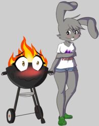  absurd_res ambiguous_gender animate_inanimate anthro artdcora barbecue barbecue_grill blush blush_lines blushing_profusely bottomwear buckteeth cheek_tuft clothing duo facial_tuft female female/female fire footwear fur graphic_tee green_clothing green_footwear green_shoes grey_body grey_fur grill grill-chan_(artdcora) gynomorph hand_holding hi_res hotpants intersex lagomorph leporid mammal metallic_body nervous nervous_smile nervous_sweat pocatello_flag rabbit sapphic shirt shoes shorts t-shirt teeth topwear tricksy_(artdcora) tuft 