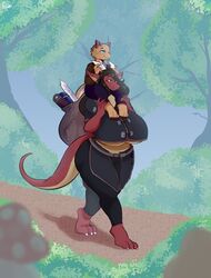  absurd_res anthro ass backpack bag belt big_breasts big_butt big_tail bottomwear breasts brown_hair bulka_(artist) carrying_another clothed clothing day dragon duo ethy_(toastydino) european_mythology eye_bags female forest forest_background fully_clothed green_eyes hair hi_res holding_horn horn huge_breasts jacket kobold leg_grab light male mythological_creature mythological_scalie mythology nature nature_background on_shoulders orange_body orange_horn orange_scales outside pants plant red_body red_eyes red_scales scales scalie size_difference sunlight tail thick_thighs topwear tree under_boob walking western_dragon white_horn zak_gem 