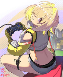  :3 bfg_9000 black_sports_bra blonde_hair boomstick_(nikke) breasts butt_crack clothing_cutout controller crop_top crop_top_overhang cropped_sweater elegg_(nikke) exposed_pocket fanny_pack female fingerless_gloves game_controller gloves goddess_of_victory:_nikke grey_shorts gun hair_intakes hair_over_eyes highres holding holding_controller holding_game_controller large_breasts looking_back multicolored_clothes multicolored_gloves multicolored_hair oerba_yun_fang playing_games polka_dot polka_dot_background purple_eyes shorts shoulder_cutout sitting solo sports_bra suspender_shorts suspenders syope thigh_strap two-tone_hair weapon 