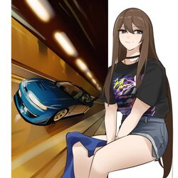  absurdres asamiya_mariko_(holeecrab) black_choker blue_eyes brown_hair car choker collarbone female ford ford_taurus grey_shorts hair_between_eyes highres holeecrab jewelry long_hair looking_to_the_side motor_vehicle nascar necklace nissan nissan_s14_silvia nissan_silvia original shirt_tucked_in short_shorts shorts sitting smile solo spoiler_(automobile) tunnel very_long_hair 