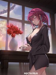  artist_name black_robe breasts cleavage commentary cowboy_shot cup female flower highres holding holding_cup honkai:_star_rail honkai_(series) indoors kafka_(honkai:_star_rail) long_hair medium_breasts nocta_felis ponytail purple_eyes purple_hair red_flower red_rose robe rose solo standing teacup thighs vase window 