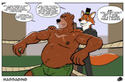  anthro bear belly biceps black_bottomwear black_clothing black_pants black_shirt black_topwear bodily_fluids bottomwear breath brown_bear canid canine clothing collared_shirt dadbod dialogue disney duo english_text fighting_ring fox green_bottomwear green_clothing green_shorts hat headgear headwear hi_res hunter-husky little_john male male/male mammal massage navel nipples open_mouth panting pants red_fox robin_hood robin_hood_(disney) rope shirt shirtless shirtless_anthro shirtless_male shorts simple_background slim small_hat smile speech_bubble sweat tail teeth_showing text top_hat topwear true_fox ursine 