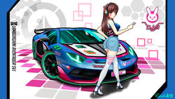  artist_name ass black_footwear blue_shirt blue_shorts brown_eyes brown_hair car character_name d.va_(overwatch) denim denim_shorts english_commentary female headphones high_heels highres imrinzlergtz_art lamborghini lamborghini_aventador lamborghini_aventador_svj long_hair looking_at_viewer looking_back major_league_gaming motor_vehicle nitrous_oxide_systems overwatch race_vehicle racecar shadow shirt shorts signature sleeveless sleeveless_shirt solo thighhighs v vehicle_focus vehicle_name walking white_thighhighs 