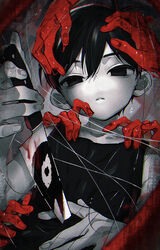  1boy black_eyes black_hair black_tank_top blood blood_on_knife blood_on_weapon collarbone commentary_request empty_eyes expressionless ghost_hands grey_background hand_on_own_stomach hands_on_another&#039;s_head hands_on_another&#039;s_shoulders highres holding holding_knife kitchen_knife knife looking_at_viewer male_focus omori omori_(omori) parted_lips reflective_weapon self-harm short_hair solo something_(omori) stab tank_top toastytoast upper_body weapon 