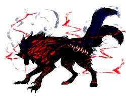  2_tails absurd_res black_body black_fur body_horror body_mouth canid canine canis claws death_(puss_in_boots) dreamworks eldritch feral fur fuzzy hi_res looking_at_viewer male mammal multi_eye multi_tail puss_in_boots_(dreamworks) red_eyes sharp_teeth simple_background solo squibstash tail teeth white_background wolf 