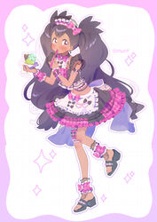  ankle_cuffs apron big_hair black_footwear black_hair black_skirt bow center_frills commentary_request cosplay crop_top cup dark-skinned_female dark_skin female frilled_skirt frills full_body hands_up highres holding holding_cup holding_spoon ice_cream_cup iris_(pokemon) kiratto_pri_chan long_hair looking_at_viewer maid maid_headdress midriff paru_rari pink_bow pokemon pokemon_bw pretty_series red_eyes sandals skirt solo spoon standing standing_on_one_leg summer_maid_coord thigh_strap twintails twitter_username unconventional_maid utensil_in_mouth very_long_hair waist_apron waist_bow wrist_cuffs 