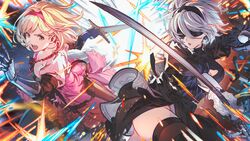  2b_(nier:automata) 2girls black_blindfold black_dress black_gloves black_hairband black_thighhighs blindfold blonde_hair boots breasts brown_eyes cleavage clothing_cutout commentary_request covered_eyes crossover djeeta_(granblue_fantasy) dress feather-trimmed_sleeves fighting_stance gauntlets gloves granblue_fantasy granblue_fantasy_versus:_rising hairband highres holding holding_sword holding_weapon juliet_sleeves long_sleeves medium_breasts minaba_hideo mole mole_under_mouth multiple_girls nier:automata nier_(series) official_art open_mouth parted_lips pink_dress pink_hairband puffy_sleeves short_hair sword thighhighs thighhighs_under_boots virtuous_contract weapon white_hair 