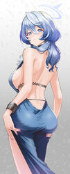  ako_(blue_archive) ako_(dress)_(blue_archive) ass backless_dress backless_outfit blue_archive blue_dress blue_eyes blue_hair blue_halo blush breasts closed_mouth commentary_request cowboy_shot cuffs dress earrings female fingernails hair_between_eyes halo handcuffs highres jewelry large_breasts long_hair looking_at_viewer looking_back nail_polish neko61 official_alternate_costume purple_nails sideboob sleeveless sleeveless_dress solo 