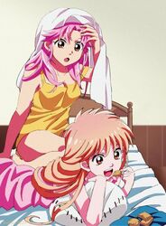  2girls bed blanket breasts brown_eyes cleavage dragon_quest dragon_quest_dai_no_daibouken food fumiko_(mesushi) long_hair maam multiple_girls open_mouth pillow pink_hair princess_leona 