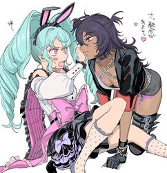  2girls all_fours animal_ear_hairband animal_ears black_collar black_gloves black_hairband black_jacket black_skirt blue_hair bow breast_tattoo breasts cleavage collar collared_shirt commentary_request dark-skinned_female dark_skin drill_hair fake_animal_ears furrowed_brow genderswap_(mtf) gloves hair_over_one_eye hairband highres idol_clothes idol_land_pripara jacket katasumi_amari leg_tattoo long_hair long_sleeves looking_at_another mario_(pripara) medium_breasts multiple_girls open_mouth pink_bow pink_eyes pretty_series pripara puffy_long_sleeves puffy_sleeves pushing_away rabbit_ear_hairband rabbit_ears red_eyes rule_63 shirt short_hair simple_background sitting skirt smile tattoo translation_request twin_drills twintails very_long_hair white_background white_shirt yumei_(jigoku101) yuri 