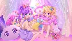  2girls :d ahoge applying_manicure barefoot blonde_hair blue_eyes blue_nails bow character_doll commentary_request cosmetics curtains full_body hairbow highres idol_time_pripara indoors knees_up kotori_(gokigen_iori) kuma_(pripara) long_hair long_sleeves looking_at_viewer manaka_laala multicolored_nails multiple_girls nail_polish nail_polish_bottle nail_polish_brush open_mouth painting_fingernails pillow pink_bow pink_nails pink_skirt pink_sweater pretty_series pripara punicorn purple_eyes purple_hair purple_nails purple_skirt ringlets shirt sitting skirt smile stuffed_animal stuffed_toy sweater toenail_polish toenails twintails two_side_up wariza window yellow_shirt yumekawa_yui 