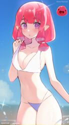  absurdres bikini bikini_top_lift blue_sky breasts cleavage clothes_lift cloud collarbone copyright_name cowboy_shot day english_commentary female hand_up highres large_breasts lifting_own_clothes medium_hair outdoors personification pink_hair pink_slime_(slime_rancher) pointy_ears purple_eyes reference_inset reiko_lape sky slime_rancher solo swimsuit thighs twitter_username 