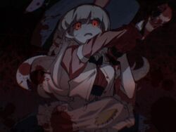  animal_ears animal_hat apron blood blood_in_hair blood_on_clothes blood_on_hat blood_splatter club_(weapon) crying crying_with_eyes_open female glowing glowing_eyes hat highres holding holding_weapon horror_(theme) irisu_kyouko irisu_shoukougun! long_hair long_sleeves looking_at_viewer open_mouth pink_shirt rabbit_ears red_background red_eyes ryuh_(asahina_neru) shirt solo spiked_club tears upper_body weapon white_apron white_hair witch_hat 