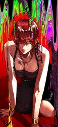  absurdres bare_shoulders black_dress bracelet braid breasts cable chainsaw_man dress earrings erupusai2 female highres jewelry large_breasts looking_at_viewer makima_(chainsaw_man) necklace red_background red_hair ring rosary simple_background sleeveless sleeveless_dress solo yellow_eyes 