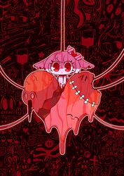  abstract_background blood blood_on_body blood_on_face bow chibi chibi_only closed_mouth colored_skin dendenshindenzu_(vocaloid) female hairbow heart heart-shaped_pupils highres looking_at_viewer noose original partially_shaded_face pepoyo pink_hair pink_skin red_bow red_eyes short_hair solo standing symbol-shaped_pupils vocaloid 