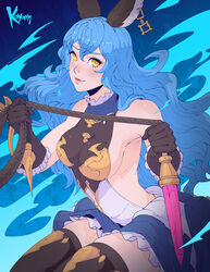  animal_ears artist_name backless_outfit bare_shoulders black_gloves black_thighhighs blue_hair breasts earrings erune female ferry_(granblue_fantasy) frilled_gloves frills gloves granblue_fantasy granblue_fantasy_versus granblue_fantasy_versus:_rising highres holding holding_whip jewelry koyorin long_hair looking_at_viewer medium_breasts rabbit_ears sideboob sideless_outfit single_earring solo thighhighs wavy_hair whip yellow_eyes 