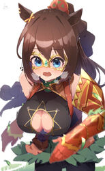  absurdres animal_ear_piercing animal_ears armor black_shirt blue_eyes braid braided_ponytail breasts brown_hair cleavage cleavage_cutout clothing_cutout commentary domino_mask ear_ribbon el_condor_pasa_(kukulkan_monk)_(umamusume) el_condor_pasa_(umamusume) female gauntlets green_skirt hair_between_eyes heavy_breathing highres horse_ears horse_girl kia_0088 large_breasts long_hair mask official_alternate_costume official_alternate_hairstyle open_mouth running shirt short_braid single_bare_shoulder skirt solo sweat umamusume very_sweaty 