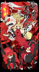  3boys blonde_hair charlie_morningstar colored_sclera dazzle_(hazbin_hotel) demon_boy demon_girl demon_horns demon_tail demon_wings dress female hazbin_hotel highres horns long_hair looking_at_viewer lucifer_morningstar_(hazbin_hotel) mgmsop multiple_boys razzle_(hazbin_hotel) red_dress red_sclera tail very_long_hair wings 