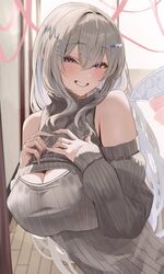  bare_shoulders blue_eyes blush breasts cleavage commentary detached_sleeves female grey_hair grey_sweater hair_between_eyes hair_intakes hair_ornament hand_on_own_chest heart heart_hair_ornament highres large_breasts long_hair long_sleeves oreazu original pointy_ears puffy_long_sleeves puffy_sleeves ribbed_sweater sleeveless sleeveless_turtleneck smile solo sweater symbol-only_commentary turtleneck upper_body x_hair_ornament 