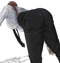  ass ass_focus black_necktie black_pants braid braided_ponytail breasts business_suit chainsaw_man collared_shirt commentary_request erupusai2 female formal large_breasts long_hair makima_(chainsaw_man) necktie office_lady pants pantylines red_hair shirt simple_background solo suit white_background white_shirt 