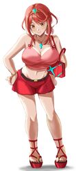  absurdres alternate_costume bag breasts brown_eyes cleavage crop_top earrings female full_body handbag highres jewelry kenichiart large_breasts midriff navel necklace ponytail pyra_(xenoblade) red_hair red_shorts red_tank_top short_hair shorts solo tank_top tiara xenoblade_chronicles_(series) xenoblade_chronicles_2 