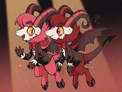  anthro biped clothed clothing dark_ishihara dazzle_(hazbin_hotel) demon duo eyebrows fur hazbin_hotel hooves horn male membrane_(anatomy) membranous_wings open_mouth open_smile pink_body pink_fur razzle_(hazbin_hotel) smile spade_tail tail wings 