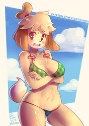  2016 animal_crossing anthro bikini bikini_bottom bikini_top black_eyes canine cleavage female furry heart-shaped_pupils isabelle_(animal_crossing) miiyauwu nintendo rizkitsuneki sky_background solo thick_thighs thighs yellow_fur 