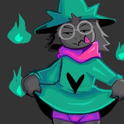  1:1 anthro bottomwear bovid bovine boxer_briefs bulge caprine claws clothed clothing clothing_lift deltarune eyewear glasses goat hi_res less looking_at_viewer male mammal pants ralsei robe robe_lift simple_background solo tongue tongue_out undertale_(series) underwear 