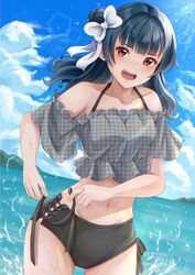  bikini black_bikini black_hair blue_sky blunt_bangs cloud collarbone day female frilled_shirt frills gingham_shirt grey_shirt hair_bun hair_ribbon horizon lens_flare long_hair love_live! love_live!_sunshine!! ocean oerba_yun_fang open_mouth outdoors red_eyes ribbon shirt side-tie_bikini_bottom sky solo swimsuit teeth tsubasa091748 tsushima_yoshiko upper_teeth_only water white_ribbon 