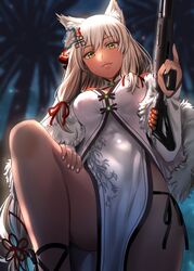  animal_ears bad_id bad_pixiv_id blurry blurry_background breasts capelet china_dress chinese_clothes dark-skinned_female dark_skin dress female flower fur-trimmed_capelet fur_trim girls&#039;_frontline gun hair_flower hair_ornament hand_on_own_leg holding holding_gun holding_weapon long_hair looking_at_viewer m590_(angel&#039;s_trumpet)_(girls&#039;_frontline) m590_(girls&#039;_frontline) mossberg_590 official_alternate_costume pump_action sakaki_rin shotgun solo trigger_discipline weapon white_dress white_hair 