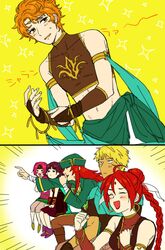  3boys 3girls artur_(fire_emblem) bare_shoulders blonde_hair braid braided_ponytail cheering cormag_(fire_emblem) cosplay crop_top crossdressing dancer earrings fire_emblem fire_emblem:_the_sacred_stones gaijin_4koma_(meme) high_ponytail hoop_earrings jewelry joshua_(fire_emblem) lute_(fire_emblem) meme multiple_boys multiple_girls neimi_(fire_emblem) orange_hair pink_eyes purple_hair red_hair saichi_(meme+) surprised tethys_(fire_emblem) tethys_(fire_emblem)_(cosplay) wide-eyed 